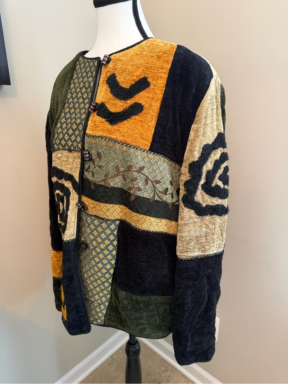 Patchwork Wearable Art Jacket Julia Kim L Rayon Chenille Abstract Boho 90s